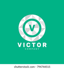 Letter V Pixel Logo Design Template With White Circle Isolated on Green Background. Vector Illustration