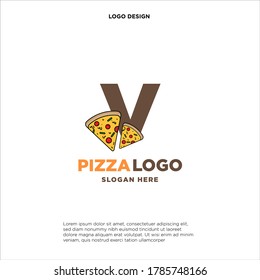 Letter V Pizza Logo Design Konzept, einzeln auf weißem Hintergrund.