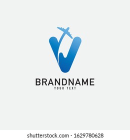 Letter V with plane and airline inside. Vector typeface for flight labels, travel headlines, delivery posters, aviation cards etc.