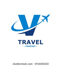 letter V with plane and airline logo vector template. Suitable for travel label, tourism, journey posters, flight company advertising, airways identity, and tech transportation