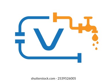 Letra V Plomero Logotipo Diseño Vector Plantilla Concepto Con Tubo Y Símbolo De Agua