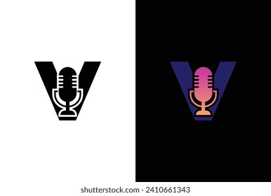 Letter V with podcast logo. V with suitable for podcasting, internet, brand, musical, digital, entertainment, studio template illustration.