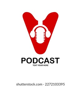 Letter v with podcast logo template illustration. suitable for podcasting, internet, brand, musical, digital, entertainment, studio etc