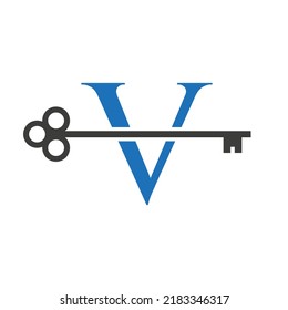 Letter V Real Estate Logo Concept With Home Lock Key Vector Template. Luxury Home Logo Key Sign