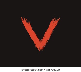 Letter V Red handwritten by dry brush, Rough strokes font vector