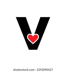 Letra V con monograma de corazón rojo. Icono de letra V con amor.