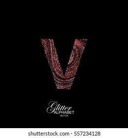 Letter V of red and silver glitters. Typographic vector element for design. Part of curly textured alphabet with shiny paillettes. Letter V with diffusion glitter swirly pattern. Vector illustration