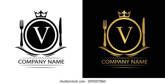 letter V restaurant logo template luxury royal food vector company decorative emblem with crown