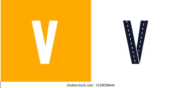 Letter V. Road font. Typography vector design with street lines.On white and yellow background.