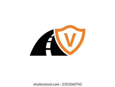 Letter V with road logo sing. The creative design concept for highway maintenance and construction. Road Logo Design Transportation Sign Symbol
