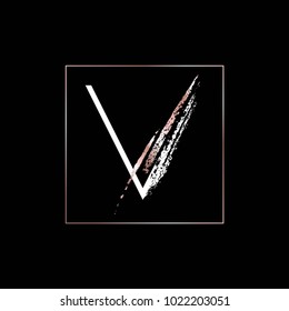 Letter V In A Rose Gold Frame On A Black Background. Monogram. Logo. 