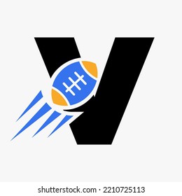 Letter V Rugby Logo Concept With Moving Rugby Ball Icon. Rugby Sports Logotype Symbol Vector Template