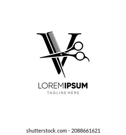 Letter V Scissors and Hair Comb Stylist Logo Design Vector Icon Graphic Emblem Illustration