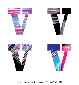 Letter V set. Vector graphic alphabet symbol in grunge style. Design template elements.