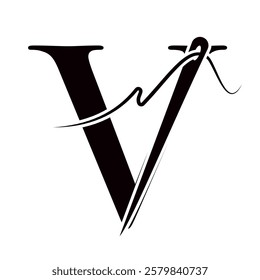 Letter V Sewing Needle Logo Design for Embroider, Textile, Fashion, Cloth, Fabric Symbol