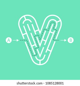 Letter V shape Maze Labyrinth, maze with one way to entrance and one way to exit. Flat design, vector illustration.
