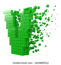 letter V shaped data block. version with green cubes. 3d pixel style vector illustration. suitable for blockchain, technology, computer and abstract themes.