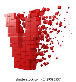 letter V shaped data block. version with red cubes. 3d pixel style vector illustration. suitable for blockchain, technology, computer and abstract themes.