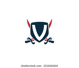 Logo De Escudo De Letra V Con Dos Espadas Cruzadas. Ilustración vectorial creativa de energía, lealtad y seguridad.