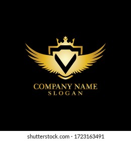 Letter V Shield, Wing and Crown gold in elegant style with black background for Business Logo Template Design, Emblem, Design concept, Creative Symbol, Icon