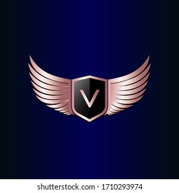 letter V shield with wings gold color logo design concept template vector 3d heraldic shield and wings logo gold / silver emblem