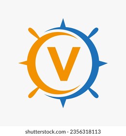 Letter V Ship Logo Concept With Ship Wheel Sign Vector Template