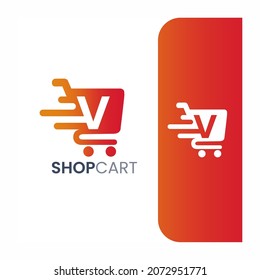 Letter V Shopping Cart Logo, Fast Trolley Shop Icon