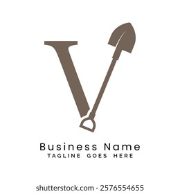 Letter V shovel logo design. Alphabet V construction icon