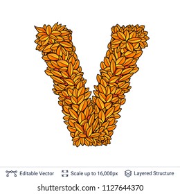 Letter V sign of autumn leaves. Fall bright orange leaves element. 