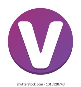 Letter V sign design template element. Vector. White icon with flat shadow on purpureus circle at white background. Isolated.