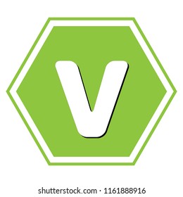 Letter V sign design template element. Vector. White icon with black shadow at yellow green honeycomb on white background.