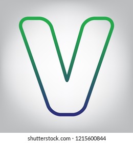 Letter V sign design template element. Vector. Green to blue gradient contour icon at grayish background with light in center.