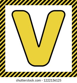 Letter V sign design template element. Vector. Warm yellow icon with black contour in frame named as under construction at white background. Isolated.