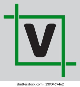 Letter V sign design template element. Black icon inside green crop tool at light gray background