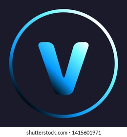 Letter V sign design template element. White, cyan and blue gradient icon as round button in white shell at dark blue background. Illustration.