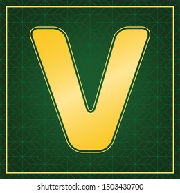 Letter V sign design template element. Golden icon with gold contour at dark green gridded background. Illustration.