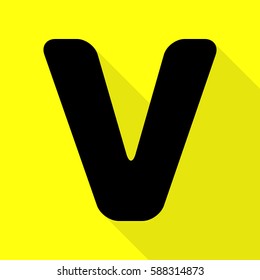 Letter V sign design template element. Black icon with flat style shadow path on yellow background.