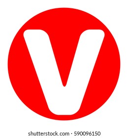 Letter V sign design template element. Vector. White icon in red circle on white background. Isolated.