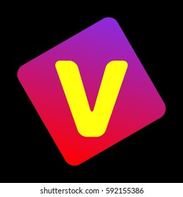 Letter V sign design template element. Vector. Yellow icon at violet-red gradient square with rounded corners rotated for dynamics on black background.