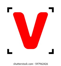 Letter V sign design template element. Vector. Red icon inside black focus corners on white background. Isolated.