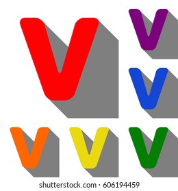 Letter V sign design template element. Set of red, orange, yellow, green, blue and violet icons at white background with flat shadow.