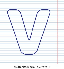 Letter V sign design template element. Vector. Navy line icon on notebook paper as background with red line for field.
