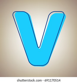 Letter V sign design template element. Vector. Sky blue icon with defected blue contour on beige background.
