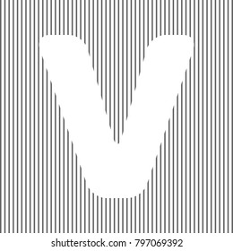 Letter V sign design template element. Vector. White icon on grayish striped background. Optical illusion.