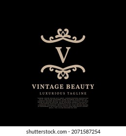 letter V simple crest luxury vintage vector logo design for beauty care, lifestyle media and fashion brand