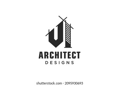 Letter V Simple modern building architecture logo design with line art skyscraper