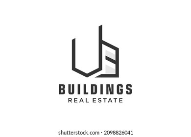 Letter V Simple modern building architecture logo design with line art skyscraper