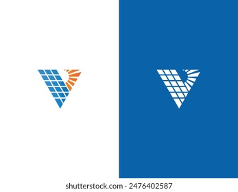 letter V solar energy logo design, solar panel symbol