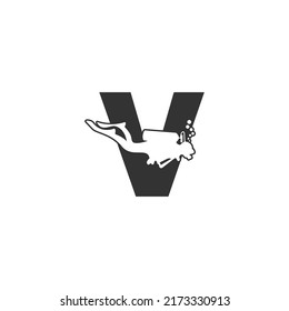 Letter V and someone scuba, diving icon illustration template
