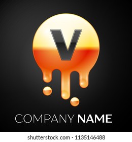 Letter V splash logo. Golden dots and bubbles letter design on black background. Vector Illustration